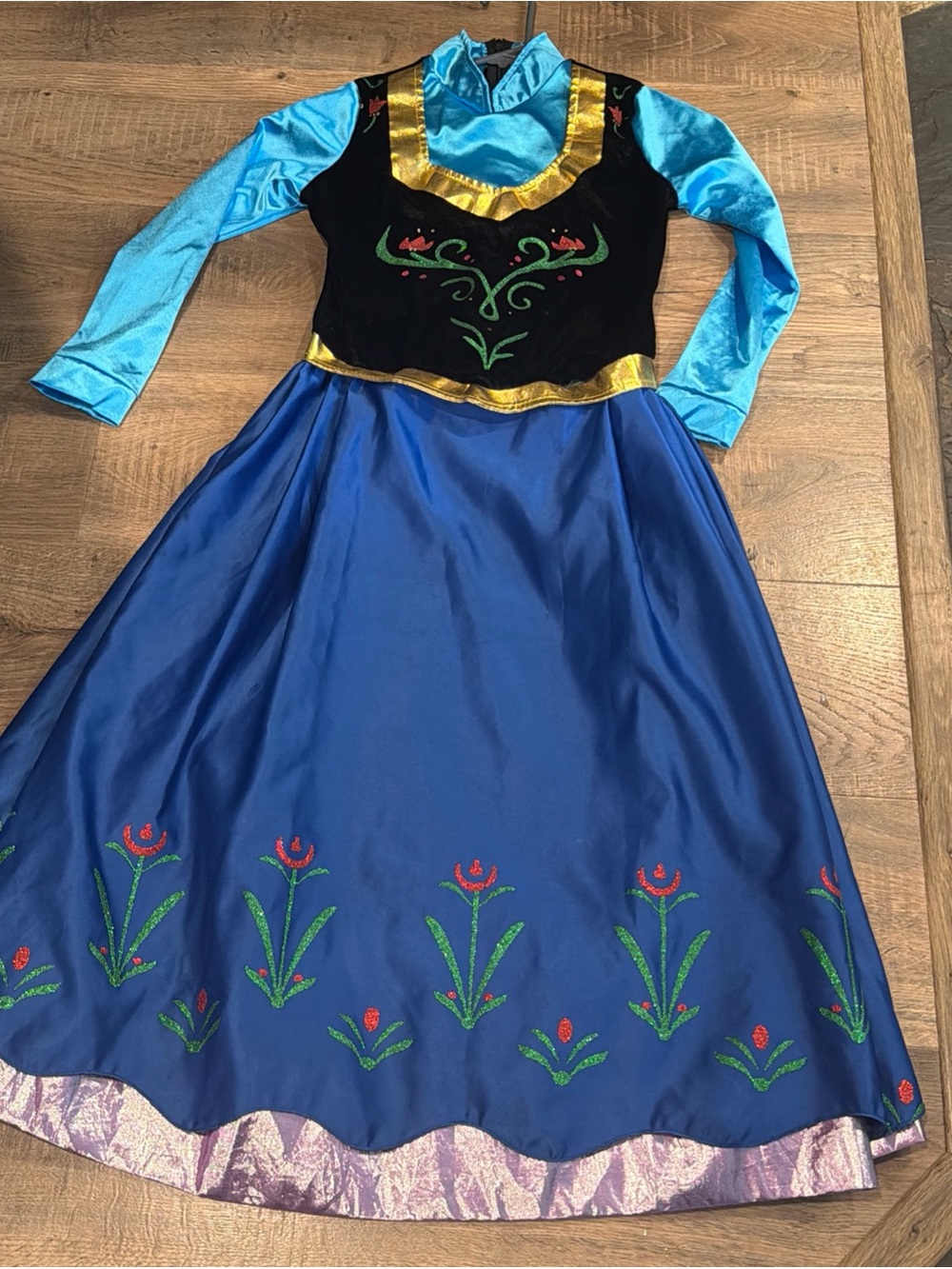 Disney Frozen ANNA blue Black Gold Floral Long Dress GIRLS 14/16 Costume Theatre